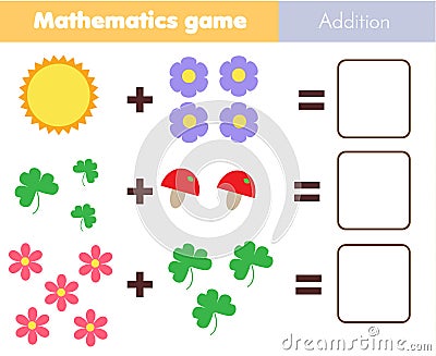 Mathematics worksheet. educational game for children. Learning counting. Addition for kids and toddlers Vector Illustration