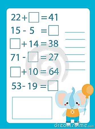 Mathematics worksheet. educational game for children. Learning counting. Addition and subtraction for kids and toddlers Vector Illustration