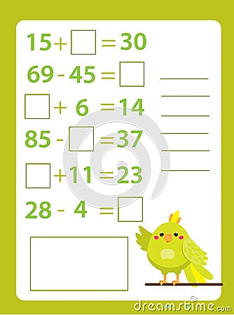 Mathematics worksheet. educational game for children. Learning counting. Addition and subtraction for school years kids Vector Illustration