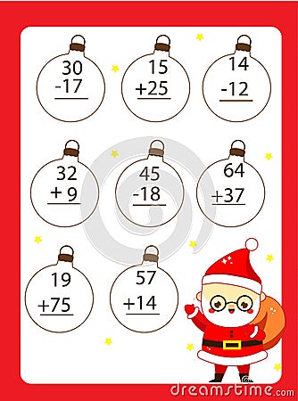 Mathematics worksheet. educational game for children. Learning counting. Addition and subtraction for school years kids with Santa Vector Illustration