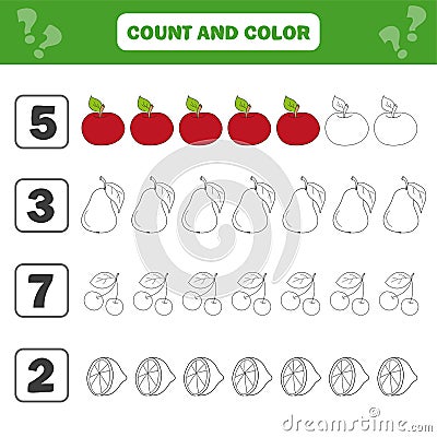 Mathematics worksheet for kids. Count and color educational children activity Vector Illustration
