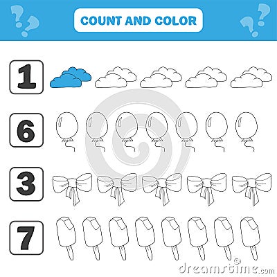 Mathematics worksheet for kids. Count and color educational children activity Vector Illustration