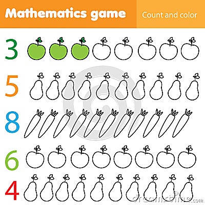 Mathematics worksheet for kids. Count and color educational children activity with fruits and vegetables Vector Illustration