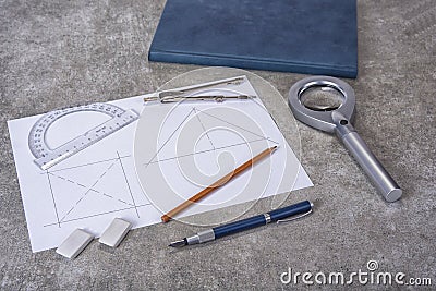 Mathemethics and geometry tools in the school and projecting Stock Photo