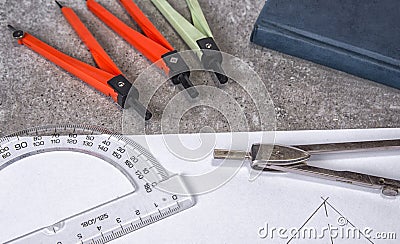 Mathemethics and geometry tools in the school and projecting Stock Photo