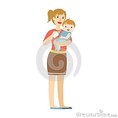 Mather With Baby In Sling Feeding Boy With Milk Bottle, Illustration From Happy Loving Families Series Vector Illustration