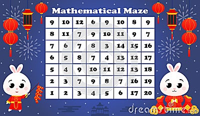 Mathmetical maze for kids with rabbit with firecrackers and lucky bags, money and coins on dark blue background Vector Illustration