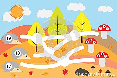 Maths game for children, lead hedgehogs through labyrinth to correct amanitas, education maze game for kids, school worksheet acti Vector Illustration