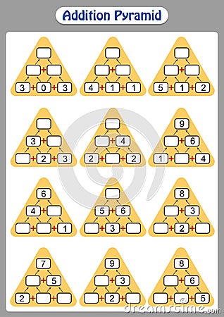 Maths Pyramids, complete the missing numbers, math worksheet for kids. Stock Photo