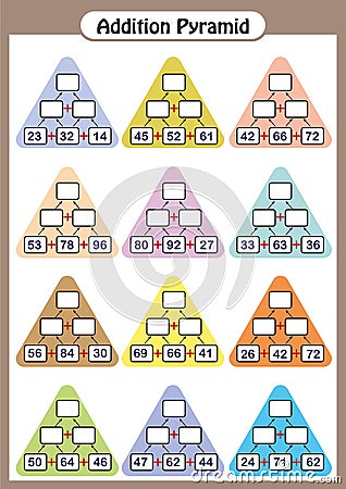 Maths Pyramids, complete the missing numbers, math worksheet for kids. Vector Illustration