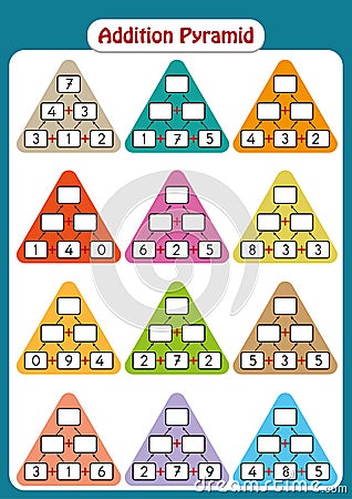 Maths Pyramids for Mental Maths Practice, complete the missing numbers, math worksheet for kids Stock Photo