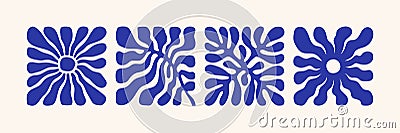 Matisse abstract flower art set. Organic doodle shapes in trendy naive retro style and blue colors. Vector Illustration