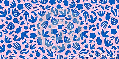 Matisse abstract modern art seamless pattern with blue geometric botanical shapes, leaves on pink background. Vector Stock Photo