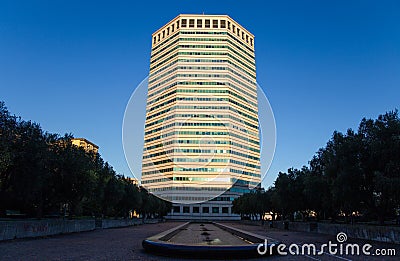 The `Matitone` Pencil Building is a skyscraper designed by Skidmore, Owings, Merrill, Lanata and Messina, buisiness center Genoa Stock Photo