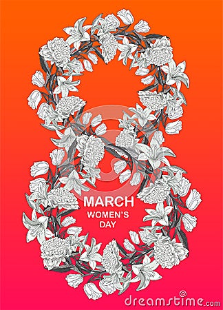 8 march womens day greeting card with monochrome flowers and coral background. Vector Illustration