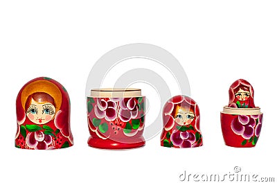 Matreshka Russian doll souvenir bright red, purple and green flowers pattern on white background isolated closeup Stock Photo