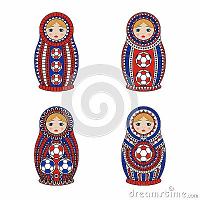 Matrioshka or nesting dolls set isolated on white background. Matroska is painted in national colors of Russia and has Vector Illustration