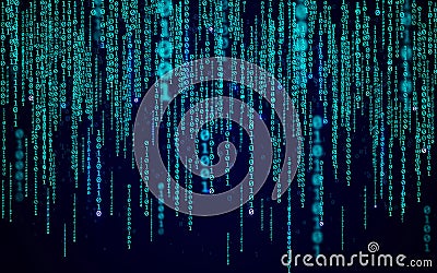Matrix background. Binary code with random numbers. Modern technology wallpaper. Blue falling digits. Running data Vector Illustration