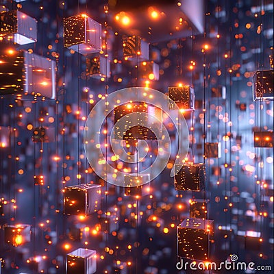 A matrix of glowing cubes suspended in a 3D space creating a depth of field that showcases advanced graphical capabilities Stock Photo