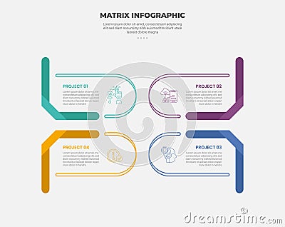 matrix grid structure infographic outline style with 4 point template with round box with flipped ribbon on outside for slide Stock Photo