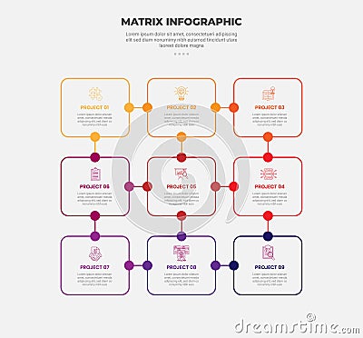matrix grid structure infographic outline style with 3x3 point template with round box connection with circle linked for slide Stock Photo