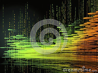 Matrix-inspired glitch art background with flowing streams of neon green binary code on a pitch-black canvas. The code should be Stock Photo