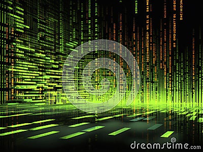 Matrix-inspired glitch art background with flowing streams of neon green binary code on a pitch-black canvas. The code should be Stock Photo