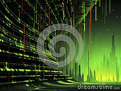 Matrix-inspired glitch art background with flowing streams of neon green binary code on a pitch-black canvas. The code should be Stock Photo