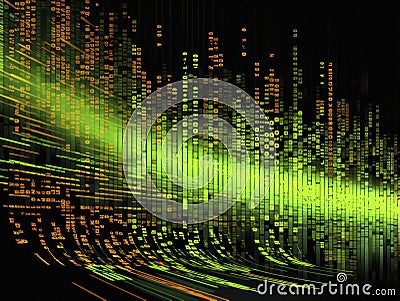 Matrix-inspired glitch art background with flowing streams of neon green binary code on a pitch-black canvas. The code should be Stock Photo