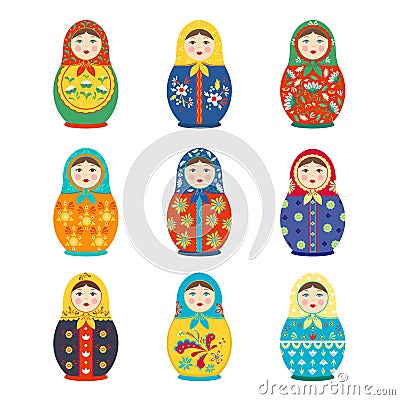 Matryoshka colored painted set. Folk traditional handmade toy wooden girl with colorful flower national Russian Vector Illustration