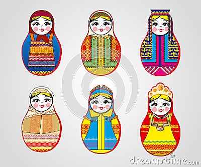 Matryoshka dolls in different outfits Vector Illustration