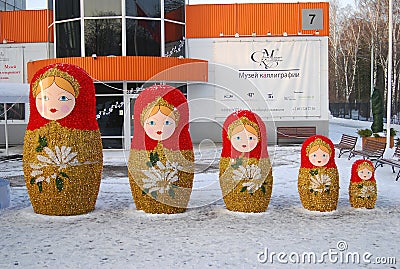 Matryoshkas. New Year decoration in the park. Editorial Stock Photo