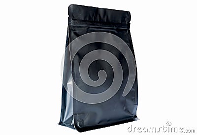 Matt black flat bottom coffee pouch with zipper filled with coffee beans on white background fron view Stock Photo