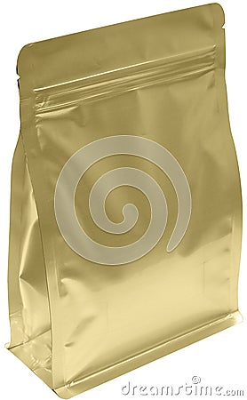Matt gold aluminium flat bottom food pouch with zipper filled with coffee beans on white background fron view Stock Photo
