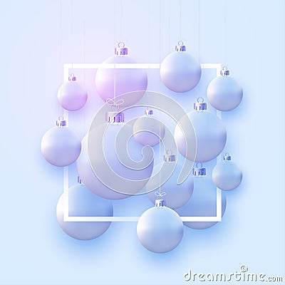 Matt light blue christmas balls hanging on threads Vector Illustration