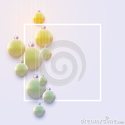 Matt light green and yellow christmas balls hanging on threads Vector Illustration