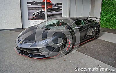 Matte black Lamborghini Aventador SVJ luxury car Editorial Stock Photo