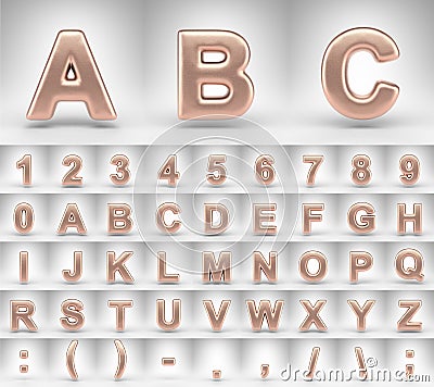 Matte copper alphabet on white background. 3D letters numbers and font symbols with shiny metallic texture. Stock Photo