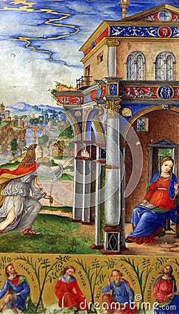Matteo da Milano: miniatures from the breviary of Alfonso I d`Este: Annunciation of the Virgin Mary Editorial Stock Photo