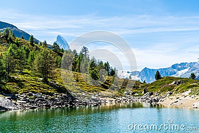 Matterhorn with Grunsee Lake in Zermatt Stock Photo