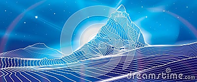 Matterhorn mountain. Neon glow illumination image. Snow peaks. Night landscape. White outlines illustration. Vector design art Vector Illustration