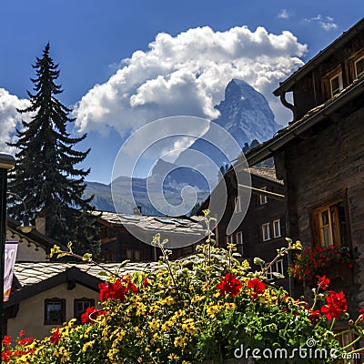 Matterhorn and Zermatt village houses, Switzerland Stock Photo