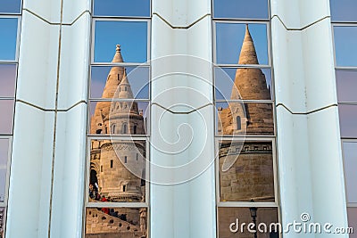Matthias Church reflection. Fisherman bastion with details on the facade and the whole scene of the castle in Buda, Budapest Stock Photo