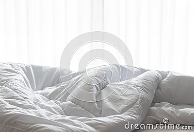 Mattress bed sheet, duvet and pillow, messed up in the morning Stock Photo