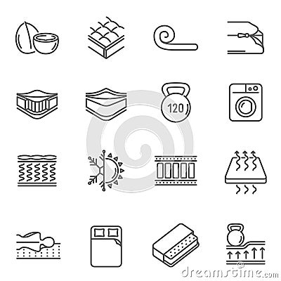 Mattress features thin line icons set isolated on white. Spine support, washable cover, pressure. Vector Illustration