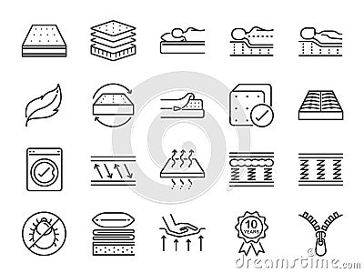 Mattress line icon set. Included the icons as washable cover, breathable, memory foam, bedding, pad and more. Vector Illustration