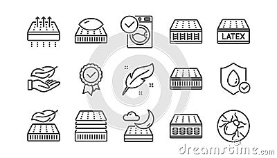 Mattress line icons set. Breathable, Memory foam, latex. Washable pillow, bed tick. Vector Vector Illustration