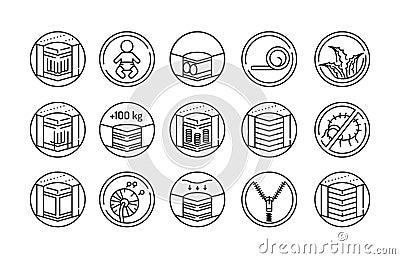 Mattress linear icons set black line icon. Different types of mattresses. Pictogram for web page, mobile app, promo. UI UX GUI Vector Illustration