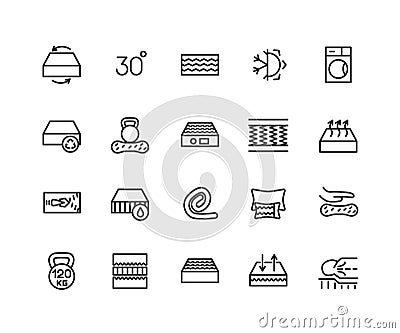 Mattress linear icons set. Latex, innerspring and memory foam mattresses. Isolated vector outline illustrations Vector Illustration