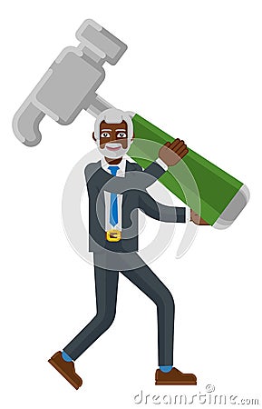 Mature Black Business Man Holding Hammer Mascot Vector Illustration